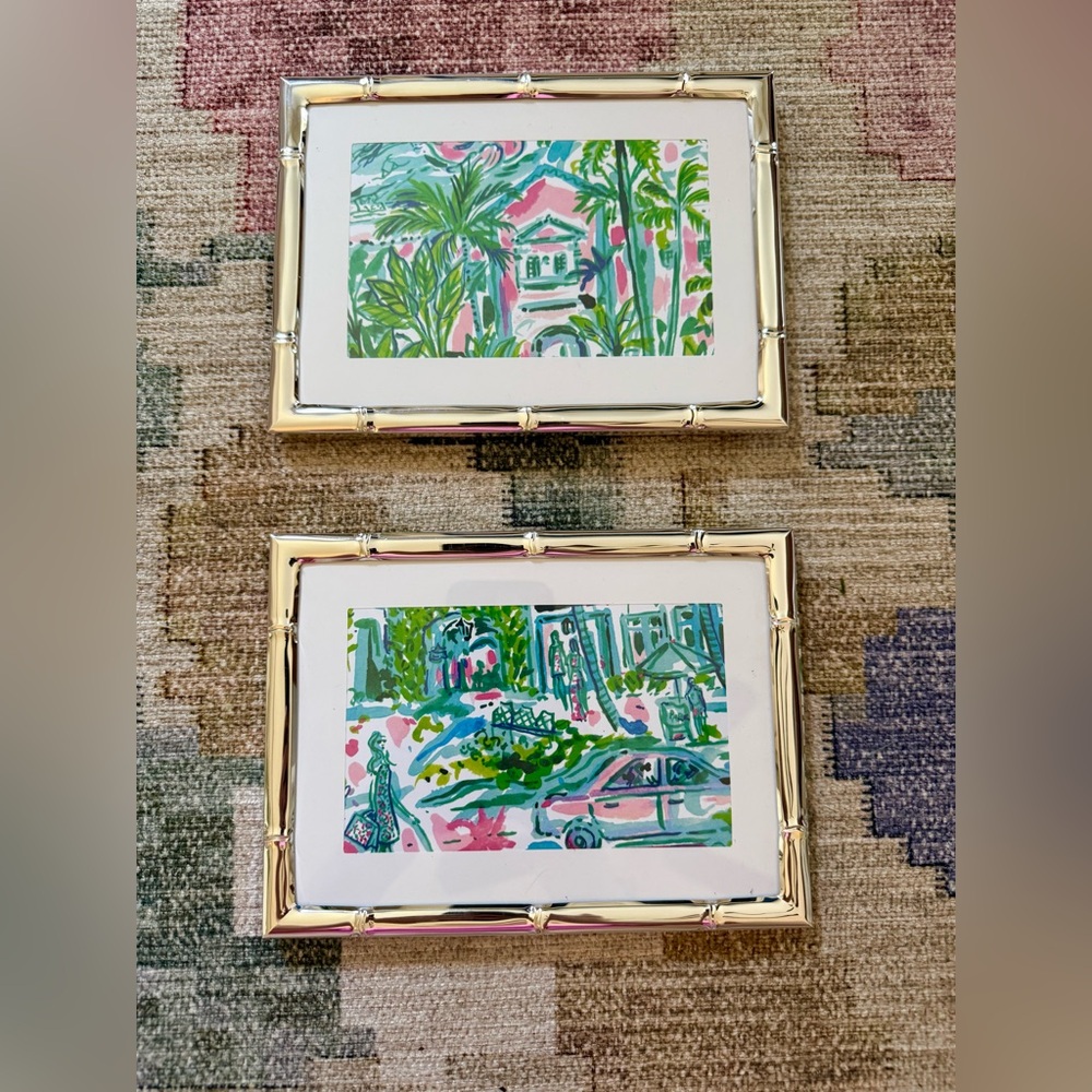 Set of 2 Lilly Pulitzer prints in silver bamboo frames